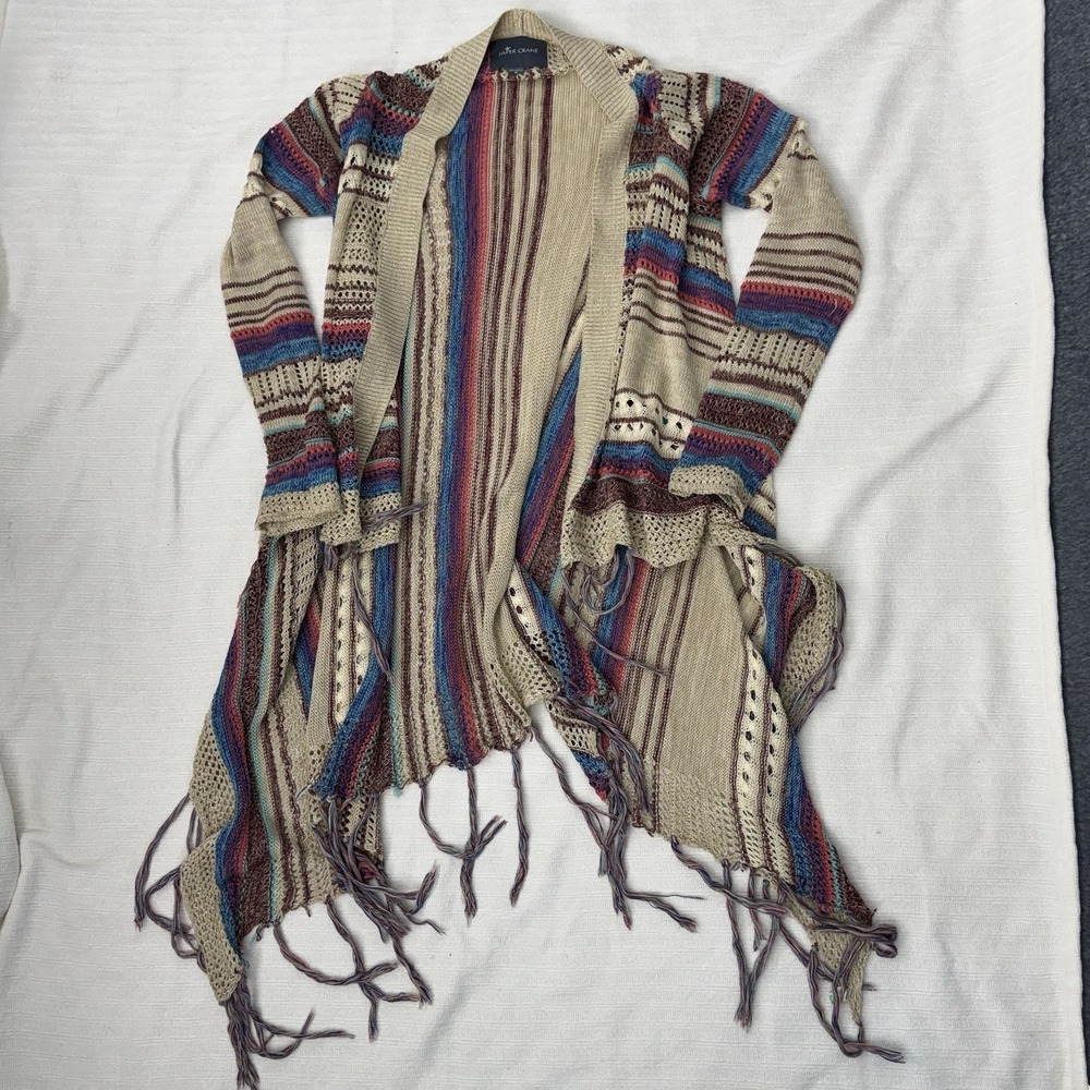 Paper Crane Boho Fringe Cardigan Open Knit Striped Festival Duster M